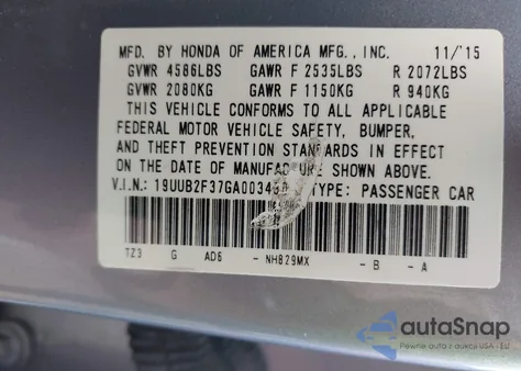 2016 Acura Tlx V6 z USA, uszkodzony, nr VIN 19UUB2F37GA003430